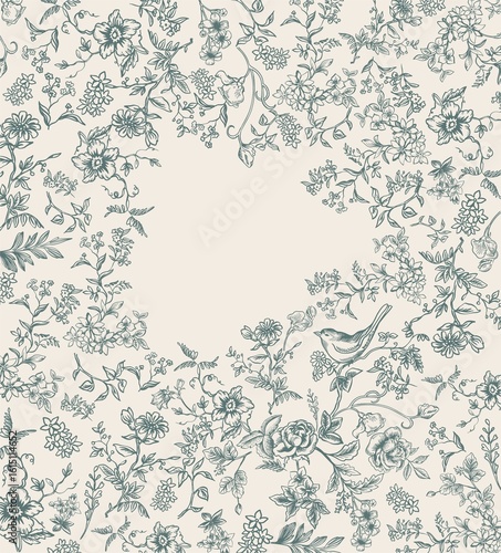 Toile de Jouy - a modern interpretation of vintage style. Ideal for covers, wedding design, branding, backgrounds.