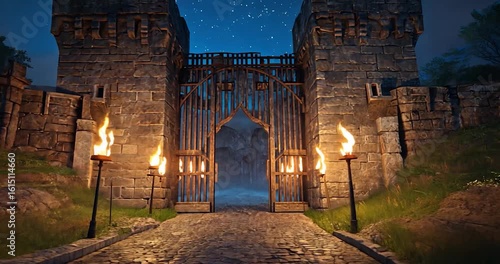 Medieval castle gate at night