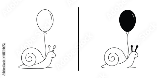 Snail and Balloon: A creative illustration of a snail cheerfully carrying a balloon. Embodying a sense of lightness and whimsy in a monochrome scheme.
