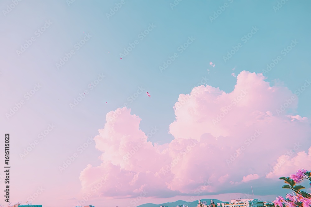 Fototapeta premium Pastel-toned sky with fluffy clouds and kites