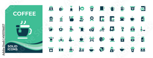 Coffee And Tea colorful solid icon set. Includes symbols for beverage, tea, drink, bean and more. Icons for website. Espresso icon set. Pixel perfect. Editable vector.