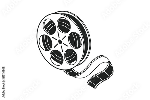 Vintage film reel silhouette with a strip of movie film unwinding isolated on white background