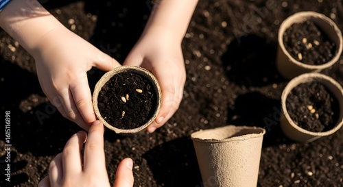 Child Planting Seeds in Soil-filled Pots Outdoors Under Bright Sunlight