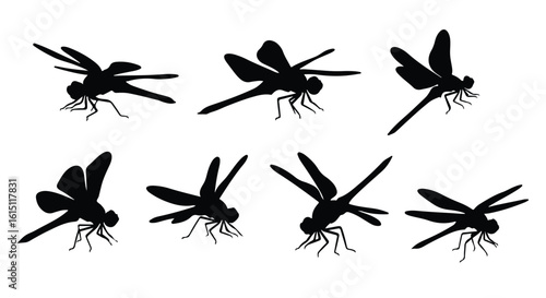 Silhouette vector set a collection of black dragonfly silhouettes in various flying poses against a white background
