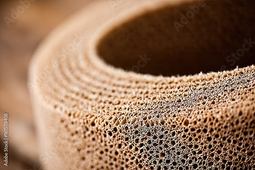 Close-up of a light brown, textured ring-shaped cake