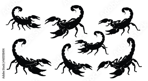 Silhouette vector set a collection of black scorpion silhouettes is displayed against a stark white background