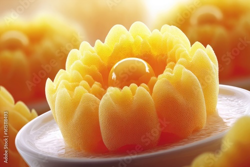 Close-up of a vibrant, orange-yellow flower-shaped sponge, a central orb