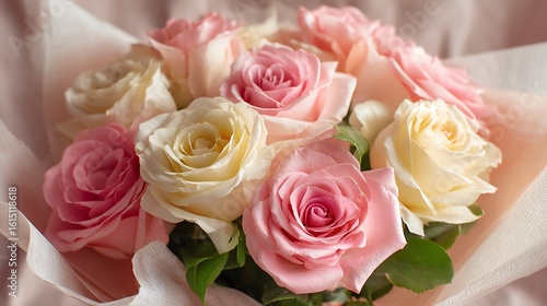 Close-up of beautiful bouquet of pink and white roses wrapped elegantly for special occasions