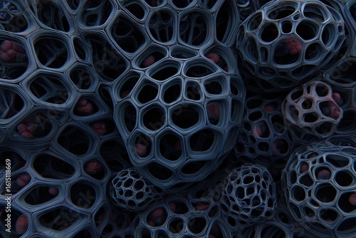 Abstract 3D organic shapes, dark grey, patterned, with embedded pink details