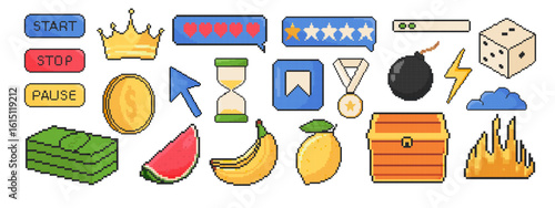 Game icon set. Pixel art object in 8 bit style. Bomb, dialog boxes, hourglass, money, fruit, chest, reward, fire.