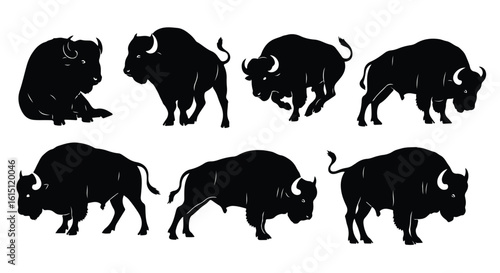 Silhouette vector set a collection of black bison silhouettes in various dynamic poses, showcasing their powerful forms
