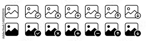 Image gallery icon set. Image picture symbol. Add image or picture icon set. Photo album icon. Image download and upload icons. Image delete sign. Vector illustration