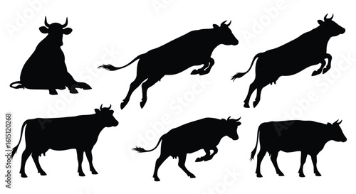 Silhouette vector set silhouettes of cows jumping and running across a white background, conveying a sense of freedom and energetic movement