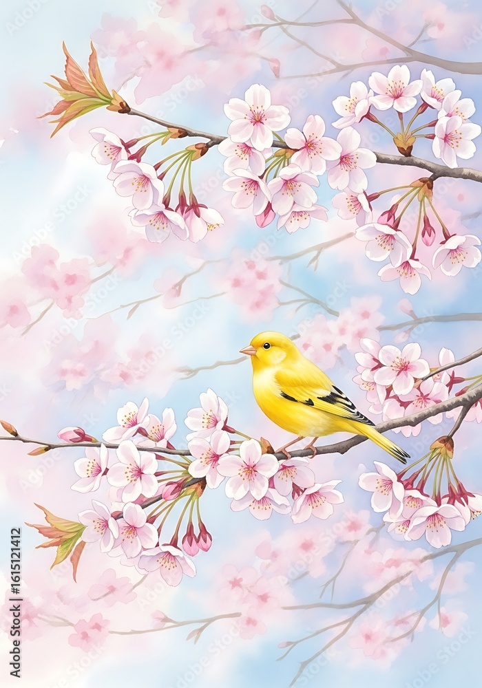 Fototapeta premium A bright yellow bird sits on a branch of blooming cherry blossoms