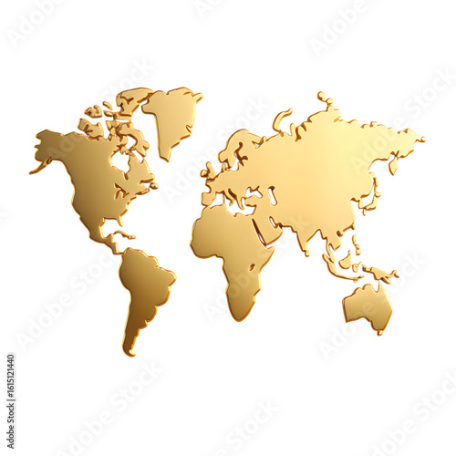 Golden world map on a black background with continents shown