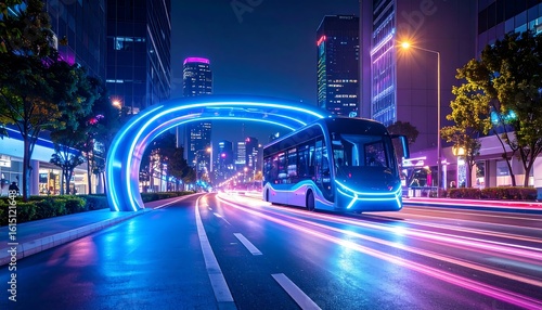 Futuristic city bus at night