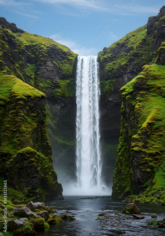 Fototapeta premium Icelandic waterfall, dramatic cliffs and vibrant green moss