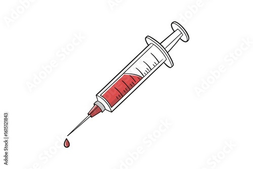 Medical syringe filled with red liquid and a drop falling from the needle isolated on white background silhouette