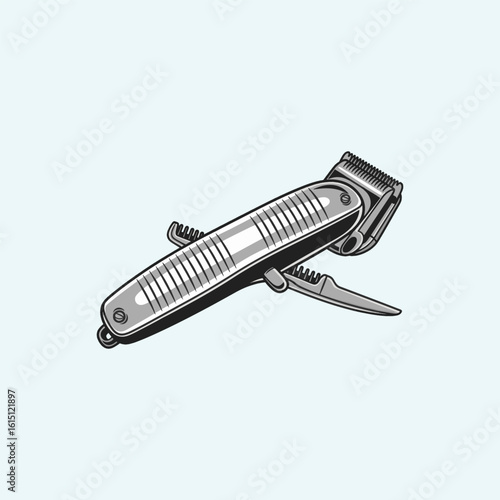 Vintage, detailed illustration of a multi-tool hair clipper.