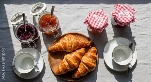 Breakfast Still Life Golden Croissants with Red Jam Jars on Linen Table