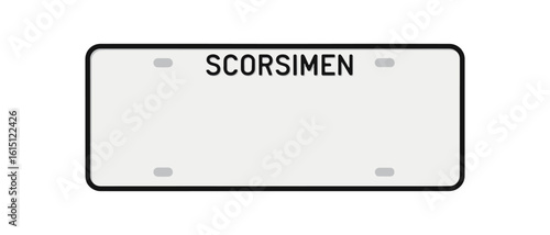 Blank vehicle license plate with the text "SCORSIMEN" printed on it.