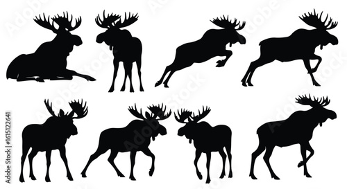 Silhouette vector set silhouettes of moose with large antlers in various actions, isolated on a white background