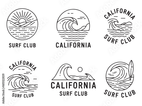 Six minimalist black and white surf club logo designs featuring waves, sun, and ocean elements.