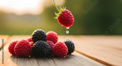 Juicy Raspberry Dropping Water Onto Pile of Blackberries on Wooden Table