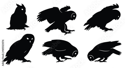 Silhouette vector set a set of black owl silhouettes captured in midflight and perched positions on a white canvas