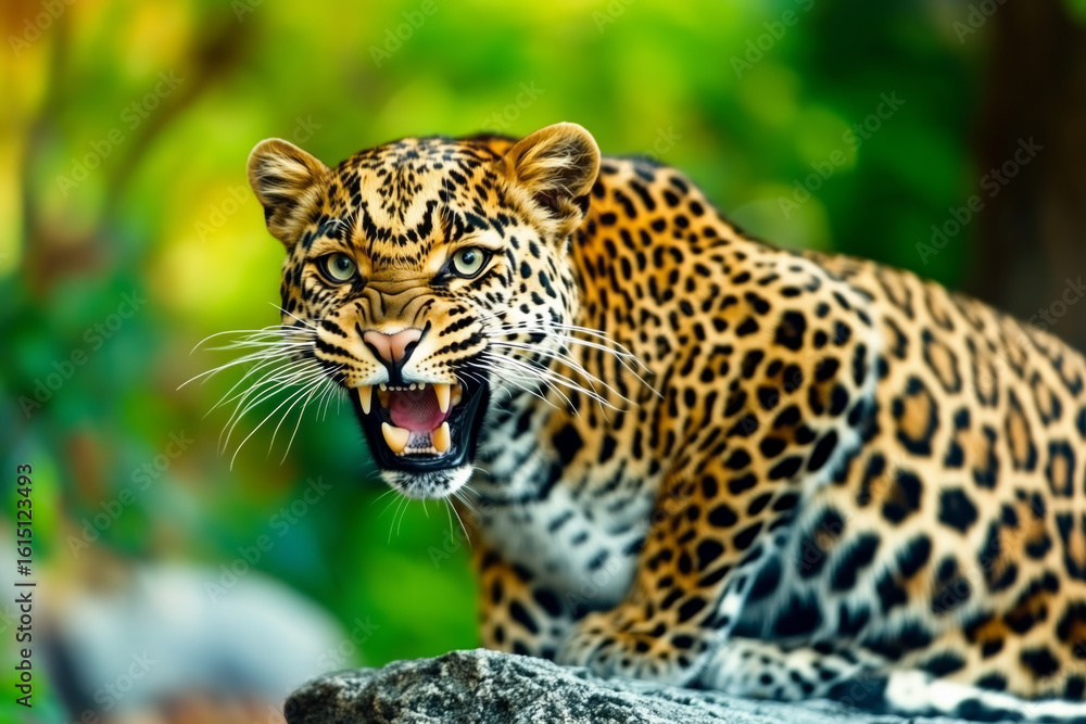 Naklejka premium Grinning leopard in an aggressive pose in a wild forest