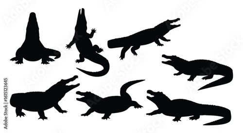 Silhouette vector set a dynamic collection of black alligator silhouettes showcases various poses and movements on a clean white background