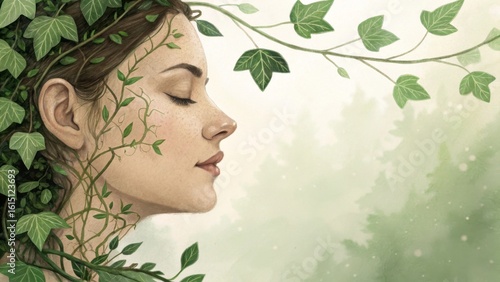 Serene Young Woman with Ivy Leaves Embracing Nature's Beauty