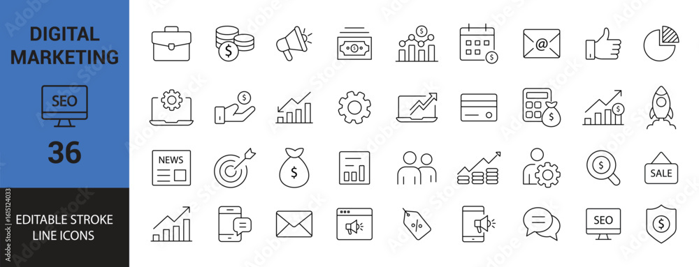 Digital Marketing Line Icons Set. SEO, Analytics, Advertising, Email, Growth, and More. Vector Illustration.