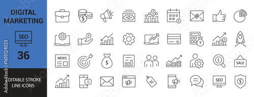Digital Marketing Line Icons Set. SEO, Analytics, Advertising, Email, Growth, and More. Vector Illustration.