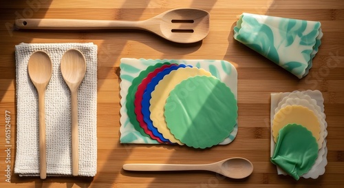 Wooden Kitchen Utensils and Colorful Food Wraps on Bamboo Surface