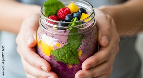 Hands Holding Colorful Fruit Smoothie Jar Close-up