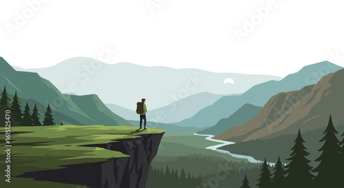 Flat Vector of Person on Cliff Edge Overlooking Valley