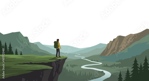 Flat Vector of Person on Cliff Edge Overlooking Valley