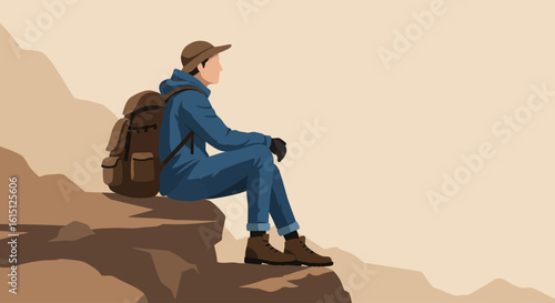 Flat Vector of Hiker Sitting on Rocky Ledge with Backpack