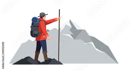 Flat Vector Mountain Explorer Pointing Toward Horizon