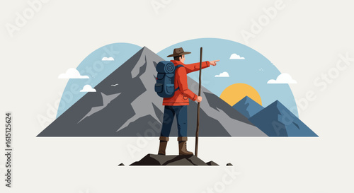 Flat Vector Mountain Explorer Pointing Toward Horizon