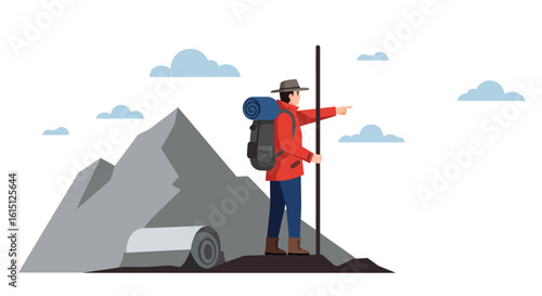 Flat Vector Mountain Explorer Pointing Toward Horizon