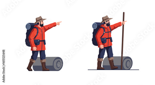 Flat Vector Mountain Explorer Pointing Toward Horizon