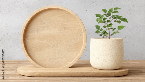 Minimalist scene with a light wood tray supporting a matching circular display, next to a plant in a textured pot on a wooden surface, against a grey textured wall