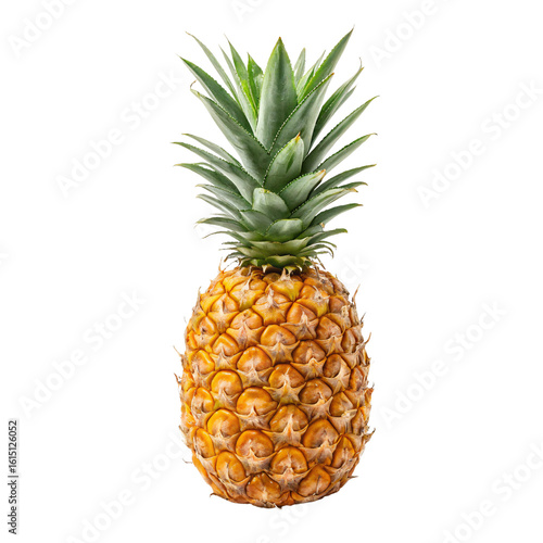 Ripe pineapple with vibrant orange body and fresh green leafy crown on top, isolated on a transparent background