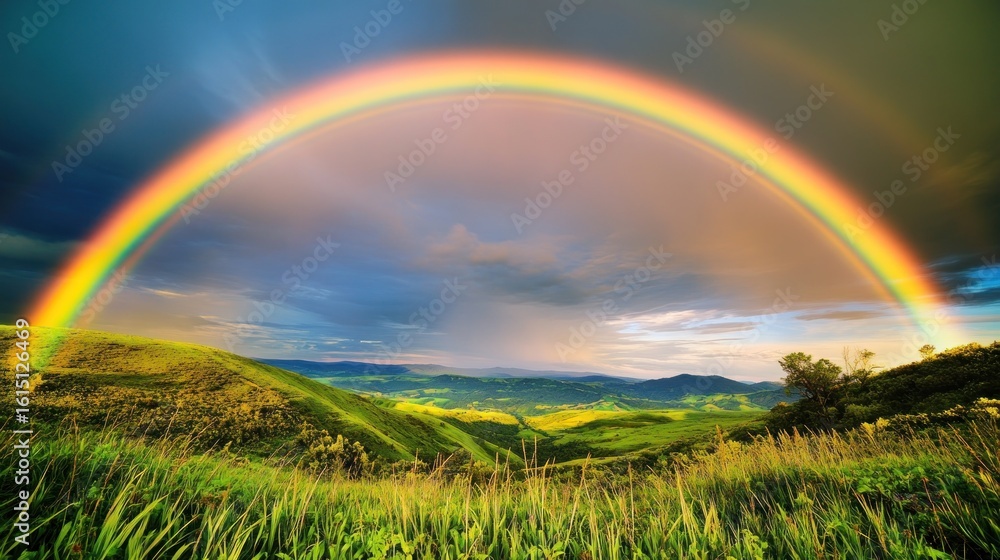 Obraz premium Rainbow over rolling hills