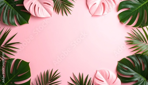 Tropical leaves frame a pastel pink background