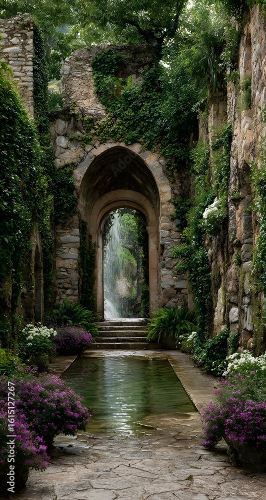Fototapeta premium Ancient stone arch pathway leading to waterfall in lush forest