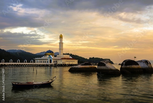 Masjid Terapong floating mosque at sunrise at Kampung Teluk Kecil, Pangkor Island, Perak, Malaysia	