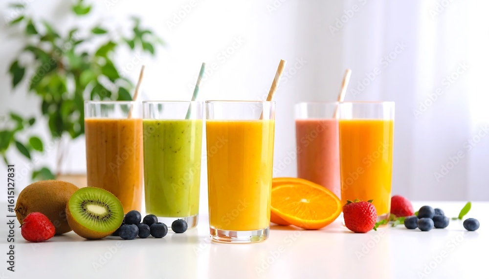 Fototapeta premium Vibrant fruit smoothies in glasses with straws, kiwi, orange, strawberries and blueberries on a white table